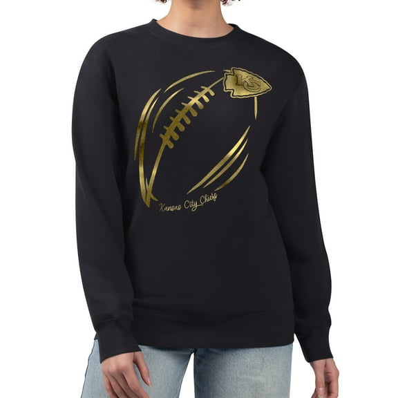 Women's G-III 4Her by Carl Banks Black Kansas City Chiefs Metallic Print Football Sketch Fleece Crewneck Sweatshirt