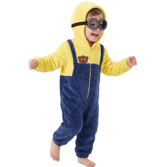 Minion Bob Costume for Kids with Goggles, Hooded Fleece Onesie Cosplay Set for Halloween Theme Party