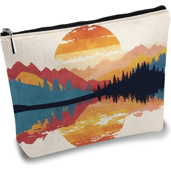 Canvas Makeup Bag Make Up Cosmetic Bag Travel Portable Pouch Toiletry Small Organizer Case Storage Pencil with Zipper Gift for Women Girlfriend Wife Vacation 7x10 Inch Mountain & Sunset DIY