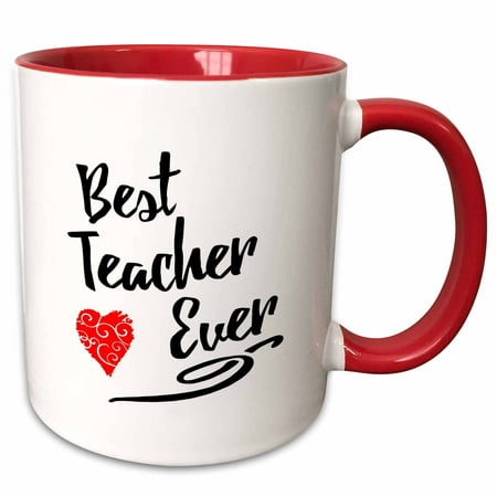 3dRose Typographic Design- Best Teacher Ever in Black with Red Swirly Heart - Two Tone Red Mug, (Best Teacher Bag Ever)