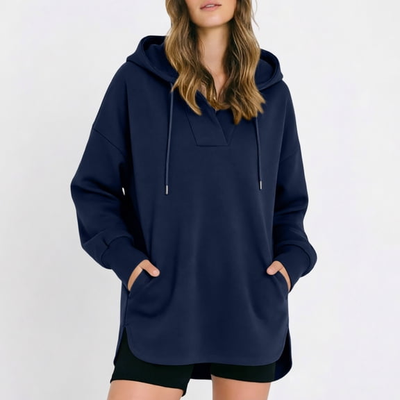 Women's V-Neck Hooded Sweatshirt Oversized Long Sleeve Pullover Side Slits Tops with Pockets Fall Winter Wear Navy XXL