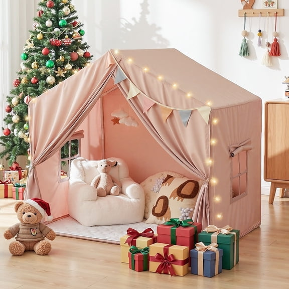 SweHouse Large Kids Play Tent Indoor, 2-in-1 Playhouse with Mat and Star Lights, Indoor Outdoor Toddler Princess Tents for Playroom Bed Tent for Bedroom Inside for Girls Boys Birthday Gifts (Pink)