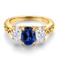 thumbnail image 3 of Gem Stone King 18K Yellow Gold Plated Silver Blue Created Sapphire and White Moissanite Filigree Style 3 Stone Ring for Women (2.60 Cttw, Oval 8X6MM and 6X4MM) (Size 8), 3 of 6