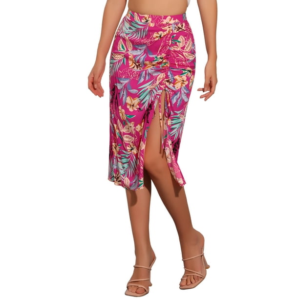 Faldas hawaianas para mujeres INSPIRE CHIC 2024, falda tropical con fruncido frontal y abertura, color rosa caliente, tamaño XS