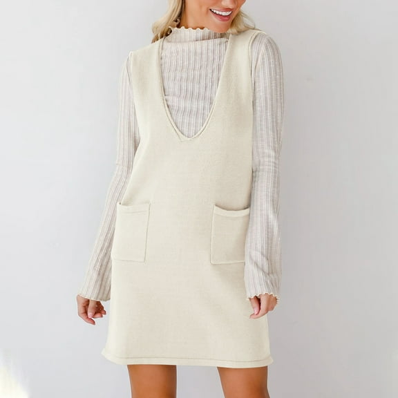 Women’s Sweater Vest Dress V Neck Sleeveless Knit Pullover Pinafore Mini Dress With Pockets Womens Outfits Summer Summer Dress Maxi Dresses for Women Party Casual Summer Dresses Women Body Midi