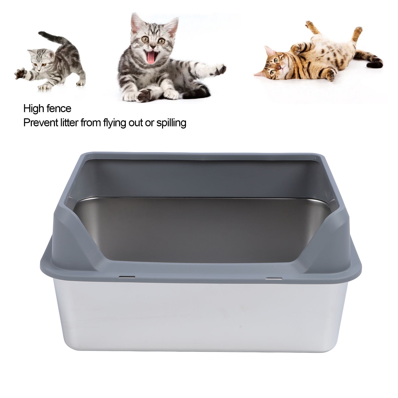 YAHHU Stainless Steel Cat Litter Box Anti Splashing Top Entry Large Kitty Pan with Scoop, High Sided Metal Potty Tray for Big Cats, 20.08 inches / 51 cm, Dark Gray