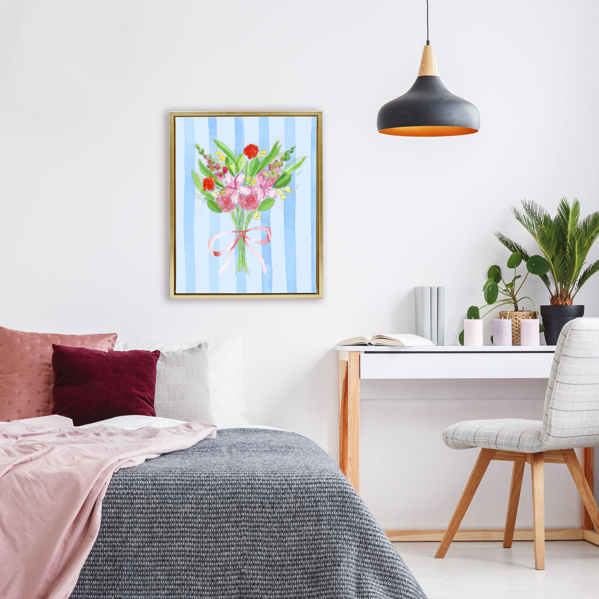 Bright Springy Bouquet Stripes Gold Framed Floater Canvas Wall Art, design by Nina Jacobs