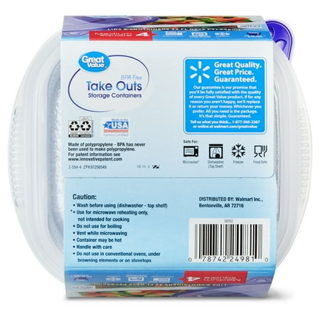 Great Value BPA Free Take Outs Storage Containers with Lids, Medium Square, Set of 4, 32 fl oz