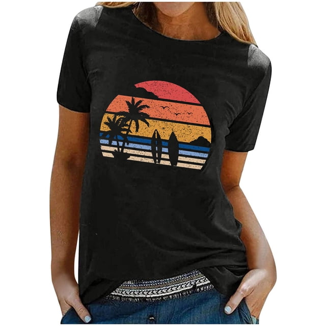 Pompotops Été Surf Plage Imprimé Blouse à Manches Courtes pour Femmes T-shirt