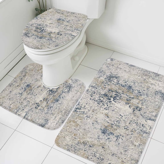 Faded Indigo Patches Bathroom Rugs Sets 3 Piece, Vintage Indigo Beige Boho Coastal Shabby Chic Absorbent Non-Slip Rug, Toilet Lid Cover and Bath Floor Carpet Large Size