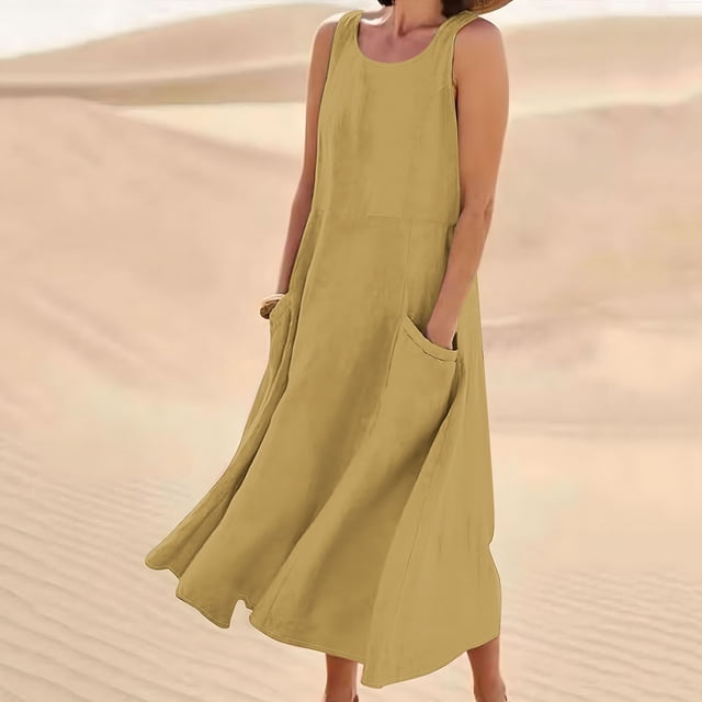EQWLJWE Économies d'Été! Robes d'Été pour Femmes 2024 Décontractées Tendance, Robes pour Femmes Grande Taille en Liquidation, Robe Longue Sans Manches en Coton et Lin Col Rond Couleur Unie avec Poche