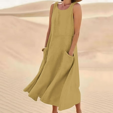 WIZUTIZ Womens Dresses Casual Stylish Comfy Linen Midi Dress Solid Vacation Dress Round Neck Sleeveless Tank Dress for Womens with Pockets Super Soft Graduation Dress Yellow XXL