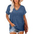 thumbnail image 2 of Jumpingount Camiseta de mujer con cuello en V, manga corta de color sólido, blusa dividida de color sólido Prendas para la parte del cuerpo Azul oscuro SG Jumpingount AP003161-24, 2 of 6