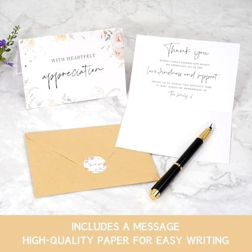 50pcs Funeral Thank You Cards with Envelopes and Matching Seal Stickers,Sympathy Thank You Cards with Message Bereavement 4×6 Inches$$Office