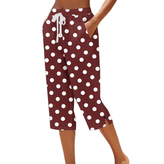 Guluxicc Womens Polka Dot Capri Pants Drawstring Elastic Waist Trousers with Side Pockets Womens Casual Lounge Summer Pants