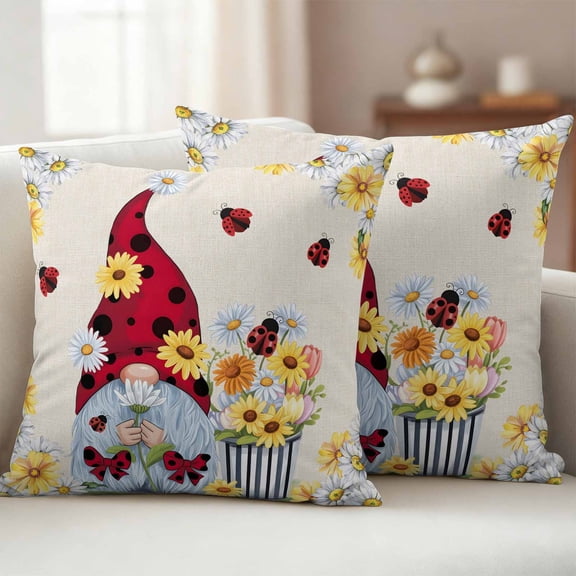 Pack of 2 Outdoor Pillow Covers,Waterproof Beige Gnomes Daisy Throw Pillow Covers,Pastoral Country Garden Floral Decorative Pillowcases Cushion Covers for Couch Pillow Sham Protector 26x26 Inch