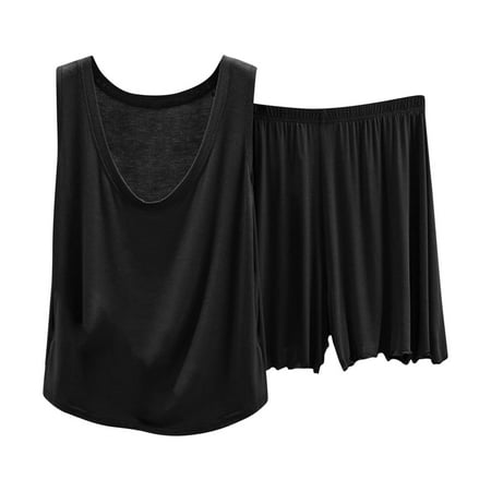 Scyoekwg 2 Piece Women Lounge Sets Summer Thin Casual Loose Suspender Top Versatile Home Slim Solid Color Shorts Two-piece Set (Black M)