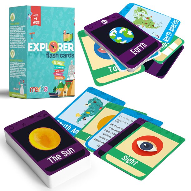 Merka Paquete de 90 tarjetas didácticas científicas: sistema solar, cuerpo humano y geografía, suministros para la escuela en el hogar para niños, tarjetas ilustradas para niños que aprenden palabras,