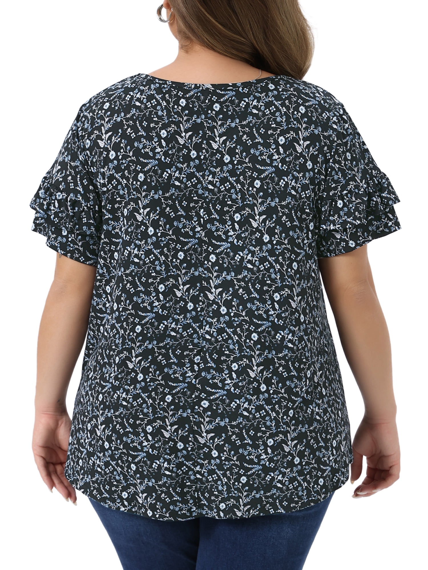 Women's Plus Summer Tops V Neck Ruffle Sleeve Floral Casual Blouses 1X Black