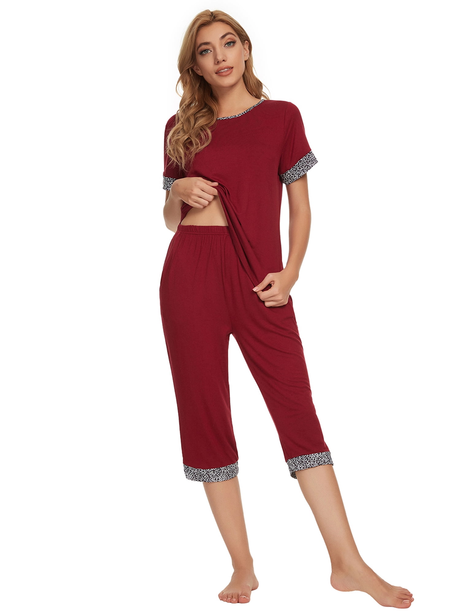 Unique Bargains Womens Pajama Set Round Neck with Capri Pants Pjs Lounge Sleepwear Sets