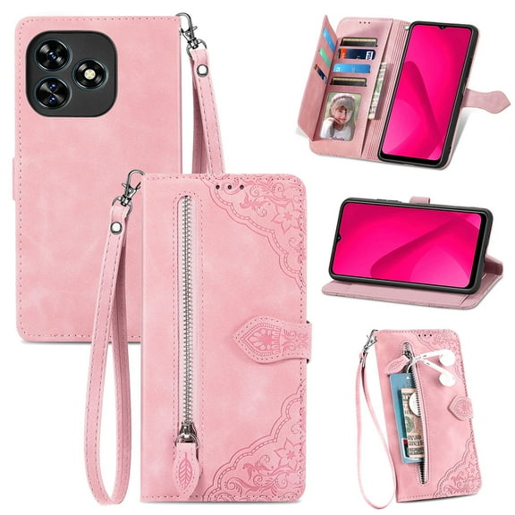 Phone Case for Oukitel C51, Shockproof PU Leather Wallet Case with Card Slots Anti-Scratch Stand Magnetic Flip Zipper Pocket Cover for Oukitel C51, Pink