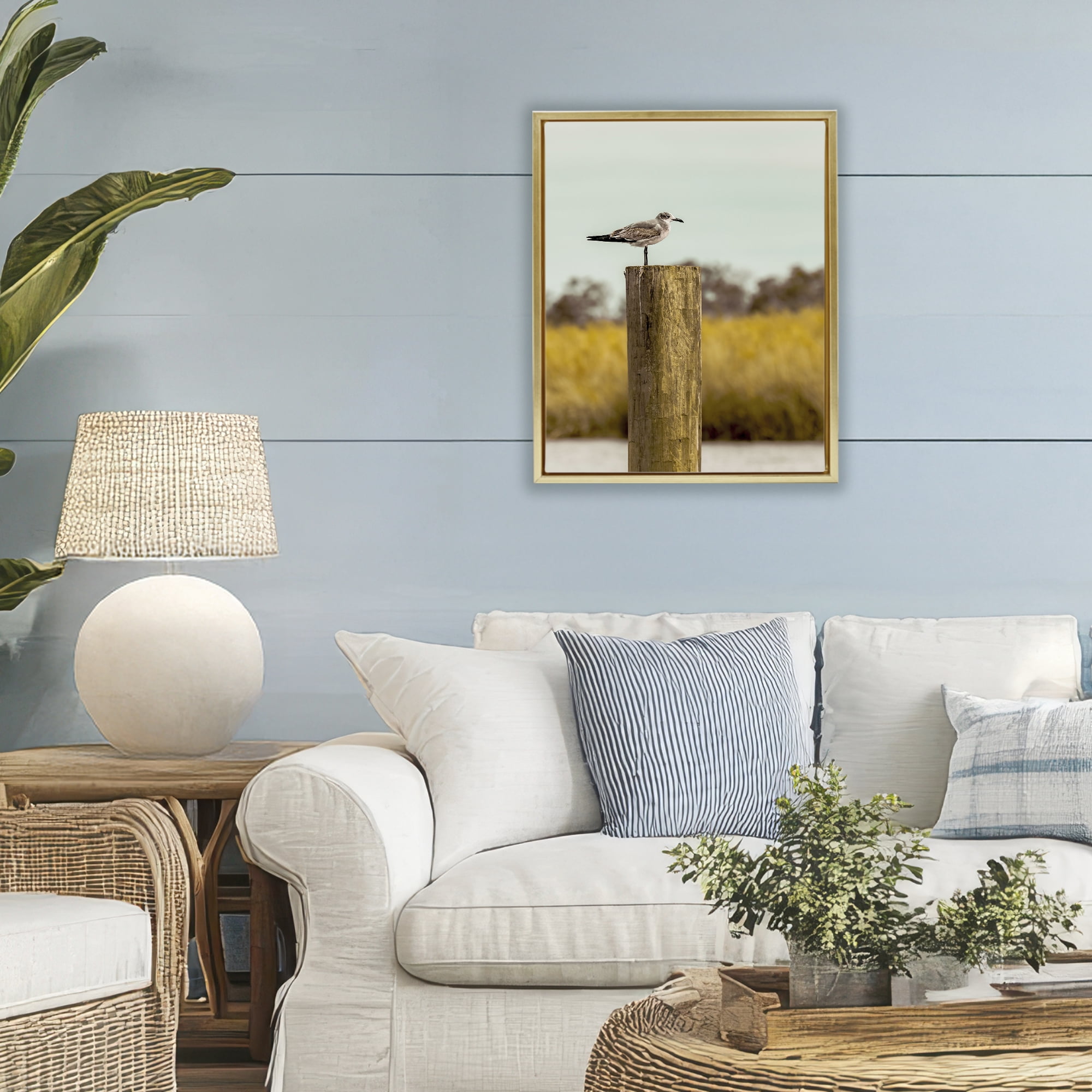 Stupell Industries Gull On Piling Gold Framed Floater Canvas Wall Art, design by Christy Berry