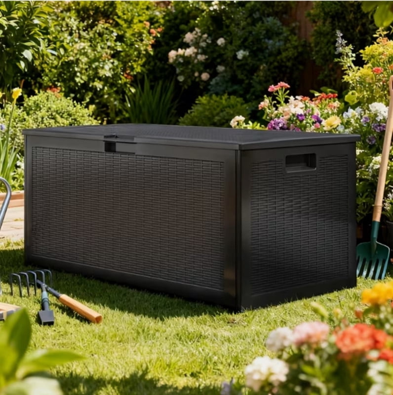 100 Gallon Resin Deck Box, Lockable Patio Outdoor Storage Box for Furniture, Garden Tools and Tools Storage, Waterproof Outside Storage Boxes for Garden, Terrace Furniture