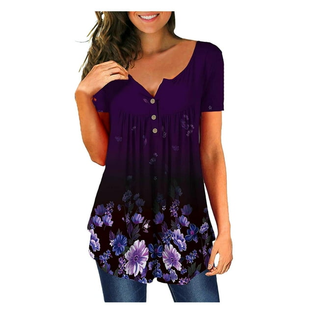 Pompotops Women's V- Neck Floral Printed Tunic Tops Buttons Short Sleeve Loose Blouse