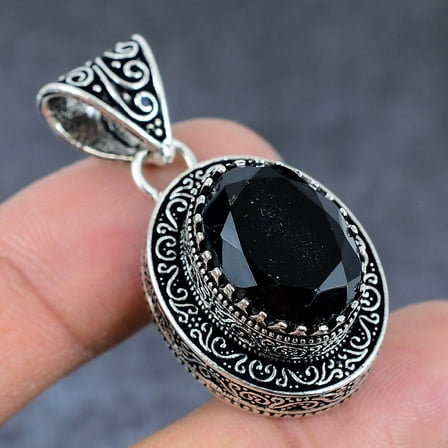 Natural Black Spinel Gemstone 925 Sterling Silver Jewelry Pendant 1.77"