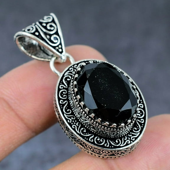 Natural Black Spinel Gemstone 925 Sterling Silver Jewelry Pendant 1.77"