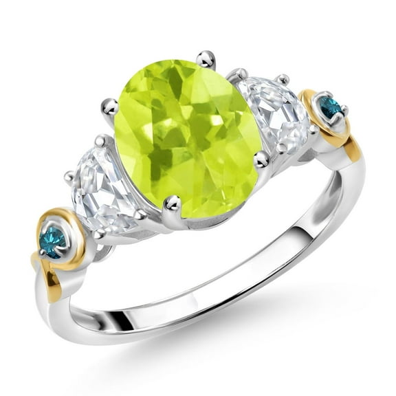 Gem Stone King 925 Silver and 10K Yellow Gold 3-Stone Ring Oval Yellow Lemon Quartz and Moissanite (2.16 Cttw, Size 8)
