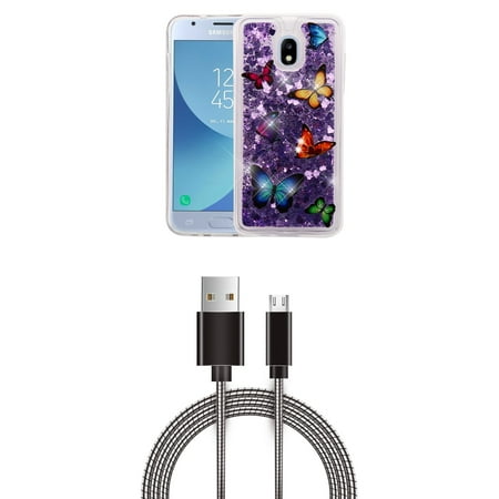 Liquid Glitter Flowing Quicksand Protective Cover Case (Butterfly/Purple Hearts) with Metal Aluminum Connector Micro USB Cable (3 Feet) and Atom Cloth for Samsung Galaxy Amp Prime 3 2018