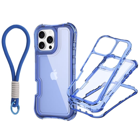 For iPhone 15 Case, Hybrid Rubber Heavy Duty Shockproof Protection Phone Cases with Lanyard, Anti-Drop, Dual Layer Transparent Protective Cover Compatible with iPhone 15,Darkblue