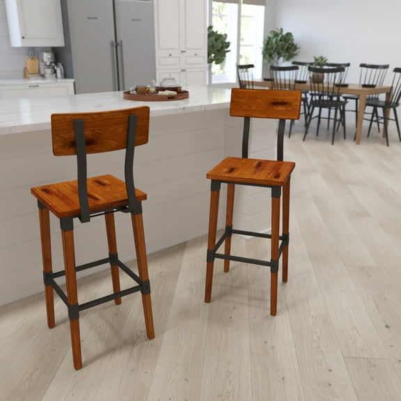 Merrick Lane Steel Supports Bar Height Dining Stool, Walnut Brown (Set of 2)