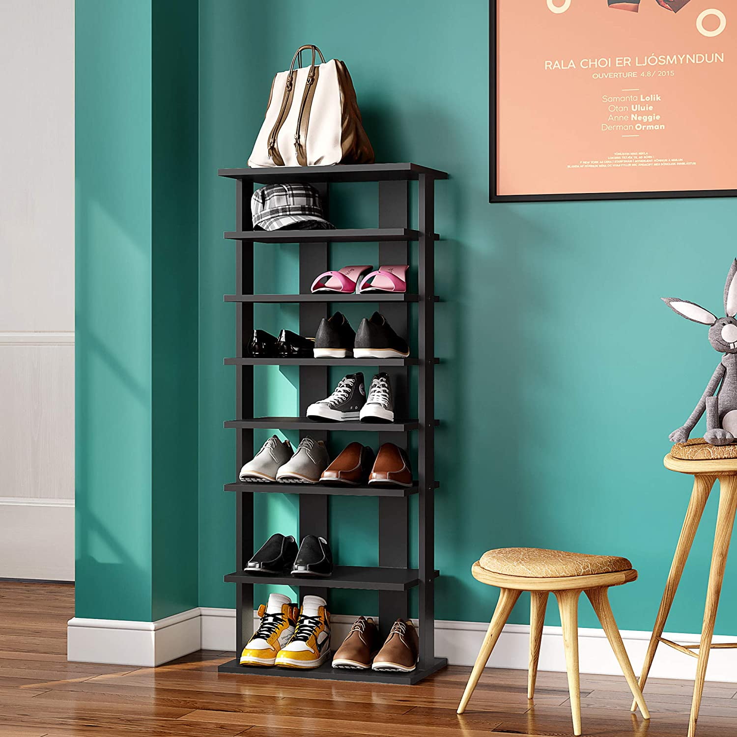 TOLONAG Corner Shoe Rack for Entryway, Black Wooden Narrow Shoe Shelf,  Small Tall, Free Standing, Assembles Easily