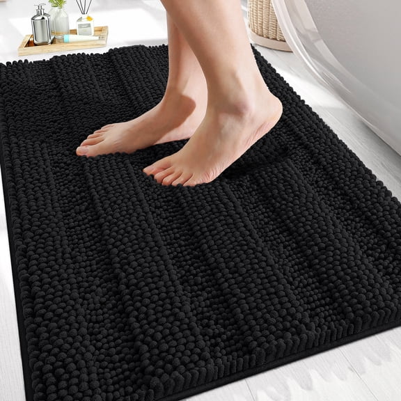 Buganda Chenille Bathroom Rug 30X20, Soft Absorbent Bath Mat, Machine Washable Bath Mats for Bathroom Floor, Black