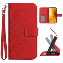 Flip Wallet Cover Case for Motorola Moto G Stylus 5G 2024 Phone, Premium PU Leather Embossed Sunflower Shockproof Wrist Strap Lanyard Slim Case for Motorola Moto G Stylus 5G 2024, Red