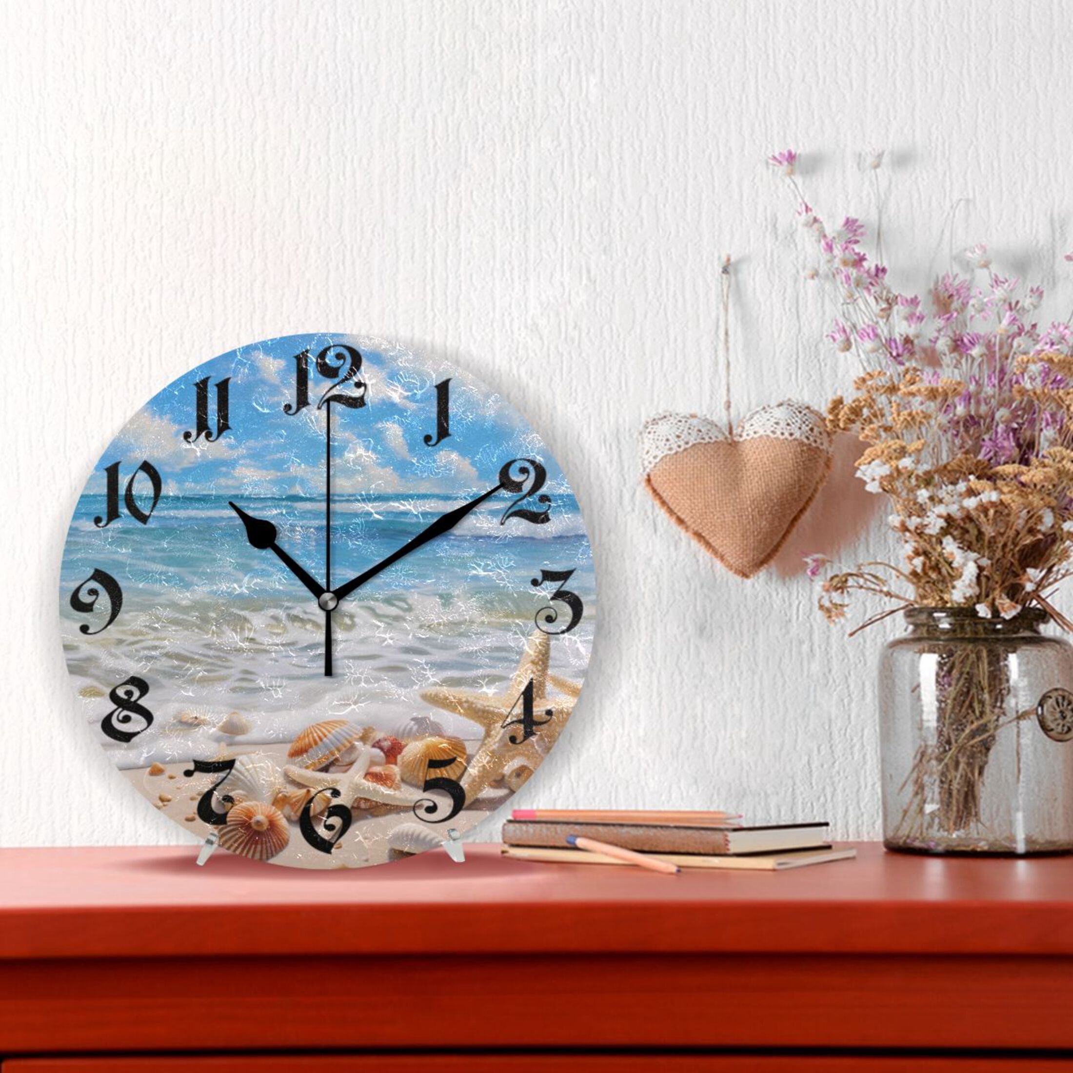 Silent Wall Clock Seastar Seashell on Beach 10" Non-Ticking Battery Clock Rustic Retro Home Decorative for Living Room Kitchen Bathroom