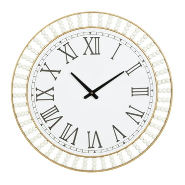 DecMode 24" White Wood Beaded Wall Clock with Gold Metal Frame and Black Accents