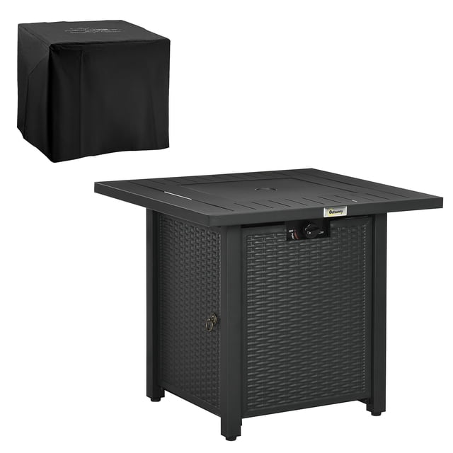 Black Propane Fire Pit Table, 40,000 BTU Smokeless Gas Firepit with 304 Stainless Steel Burner & Lava Rocks, Rattan-Style Outdoor Dining Table for Patio, Backyard and Garden