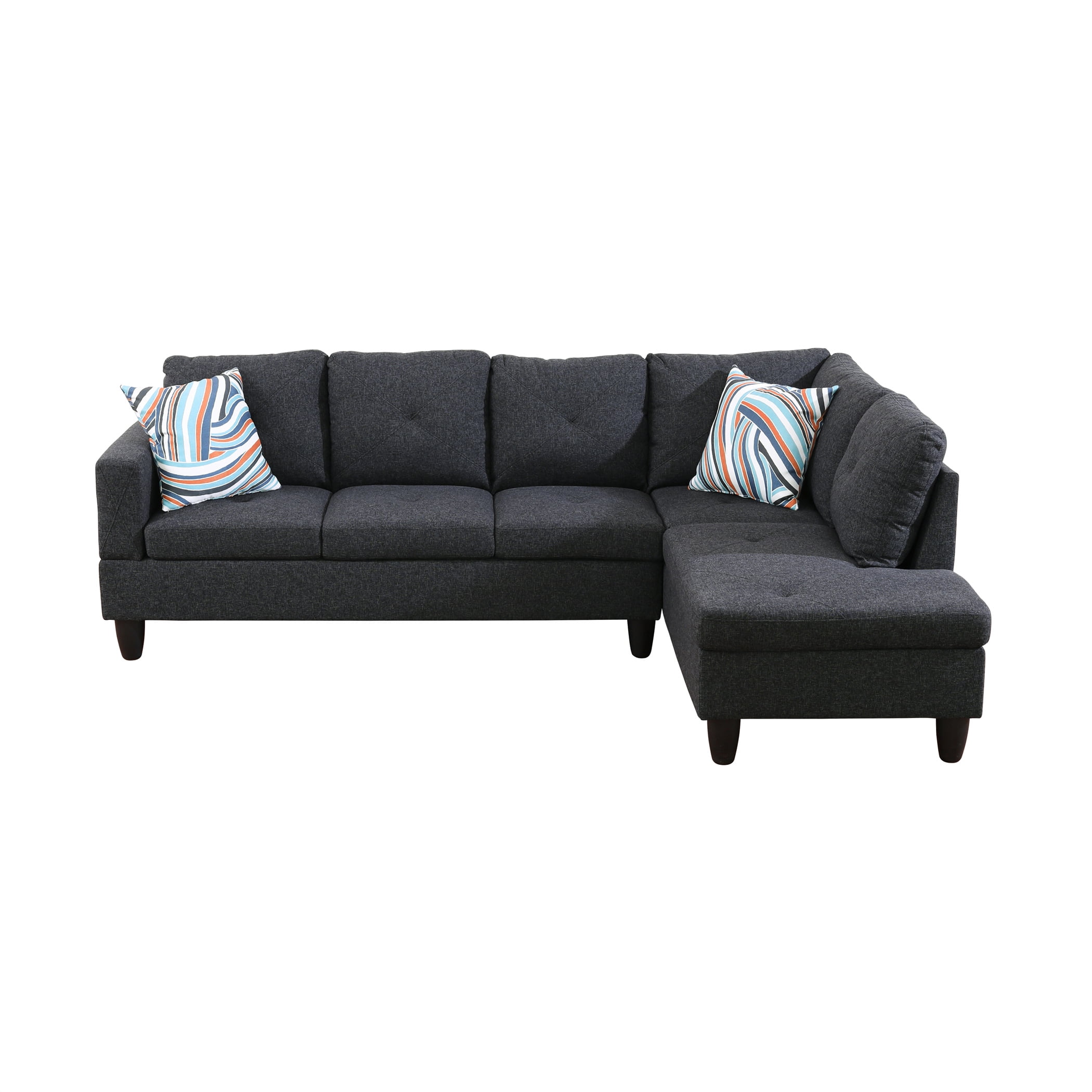 Aukfa 97" Classic Sectional Sofa 4 Seat L shape Couch for Living Room, 2Pillows, Oversized Right Chaise, Linen, Black Gray