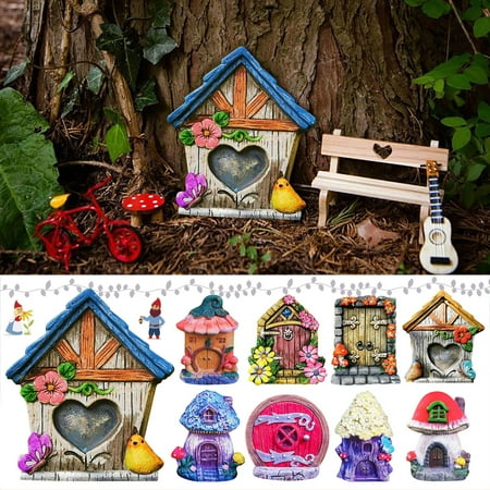Meidiya Fairy Door Engraved Scene Layout Boxwood Creative Yard Art Sculpture Elf Door for Outdoor