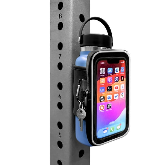 Gym Mate Magnetic Water Bottle Sleeve with see-through phone access. Attaches Magnetically to Metal Surface so Your Bottle is Always Within Reach. Use your phone without taking it out of the pouch.