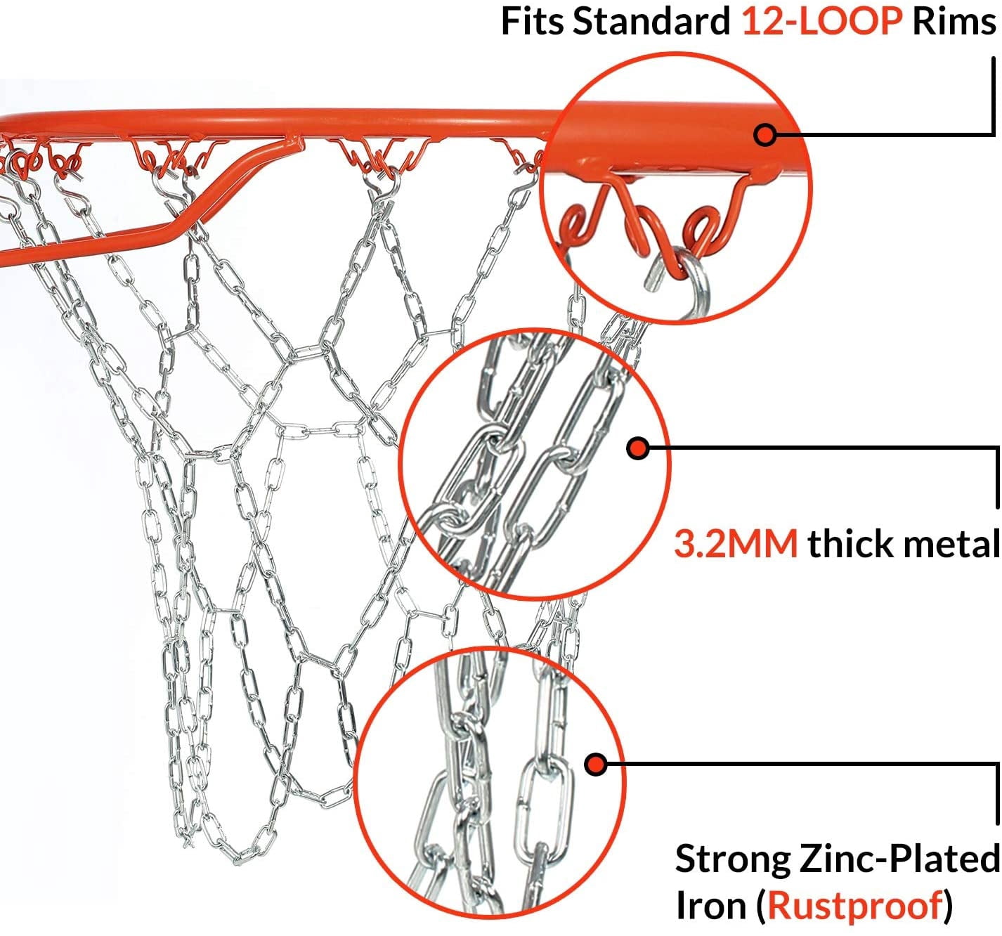 Basketball Net Heavy Duty Metal Chain Replacement with 12 S-hooks and Set of Pliers to Tighten Hooks | Rustproof Galvanized Iron 21-Inch (53 cm) Net (3.2mm Thick)