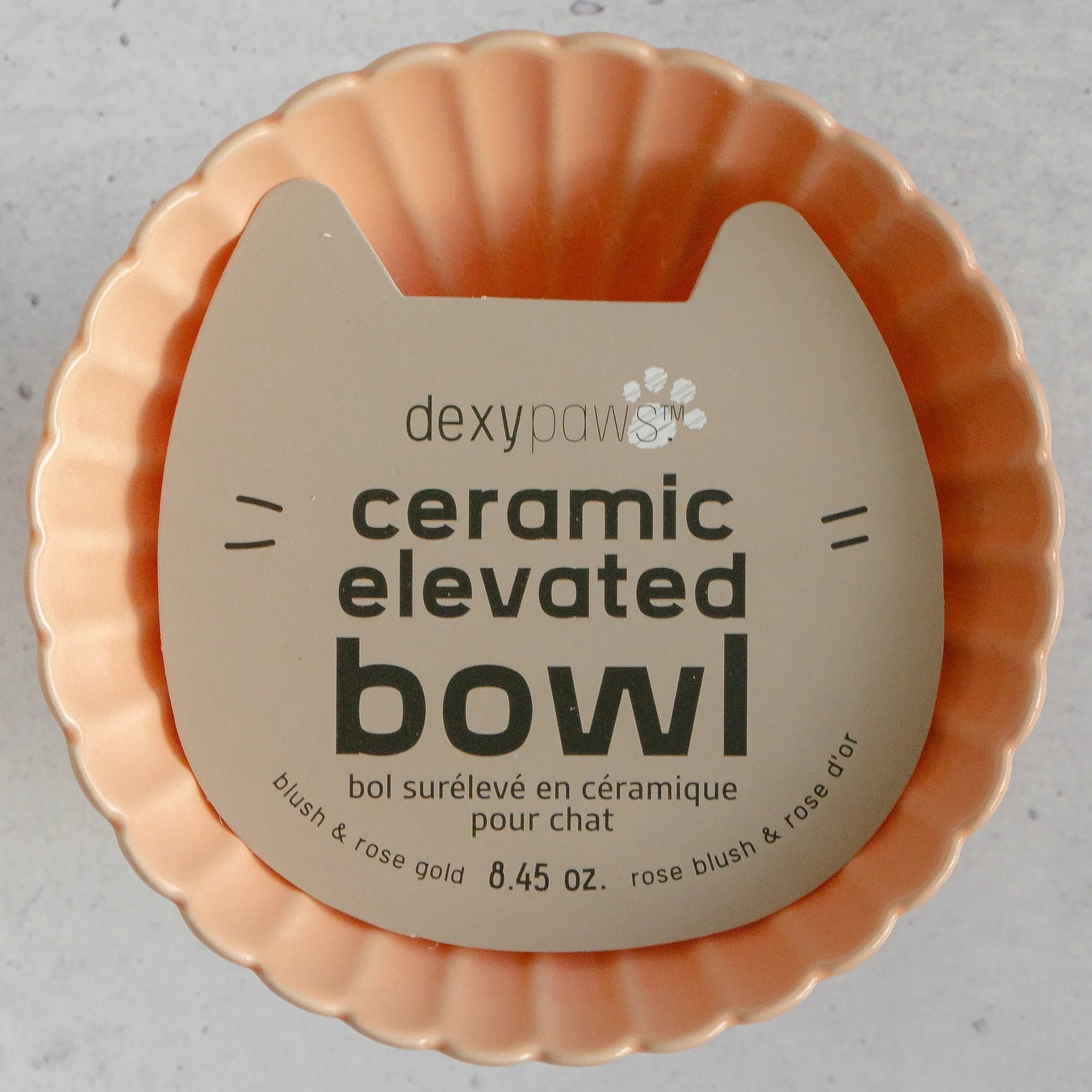 Dexypaws: Elevated Ceramic Cat Bowl - Blush Pink & Rose Gold Flower - 8.45oz, Stylish Pet Feeding Dish, Meals, Food & Water, Ergonomic Height, Raised