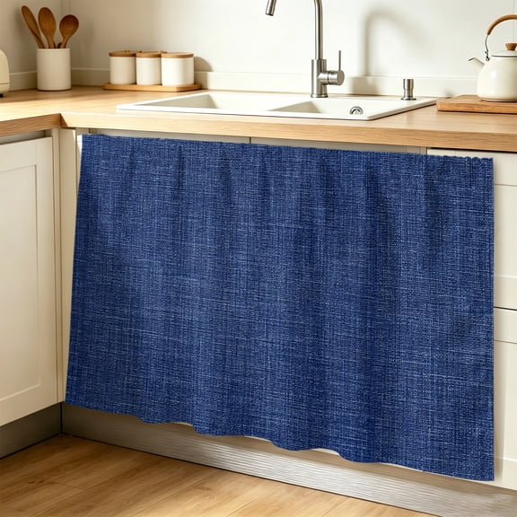 Vintage Navy Blue Cabinet Curtain 32"Wx55"L,Dustproof Pantry Door Curtain W/ Self Adhesive Tape,Farmhouse Retro Dark Solid Color Linen Texture Tall Storage Cover Privacy Drape for Bathroom Kitchen