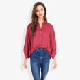 thumbnail image 3 of Women's Long Sleeve Button-Down Shirt with Roll-Up Sleeves and Front Pocket Casual Loose Fit Blouse- X Large, Burgundy, 3 of 6