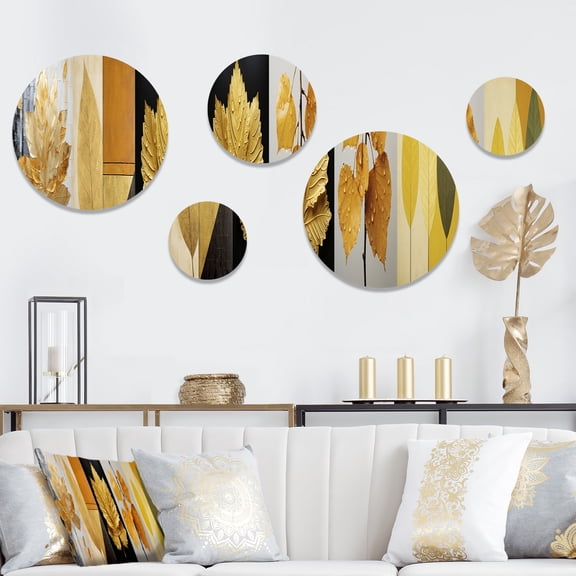 Designart "Foliage with Golden Geometric Elements II" Leaves Round Wall Art Set Of 5 - Gold Traditional Living Room Wall Metal Art Set