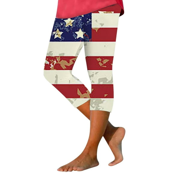 kpoplk Patriotic Us American Flag Scrunch Capri Leggings 4th of July Stars & Stripes Workout Colorful Tights USA Flag Sports(Beige,S)