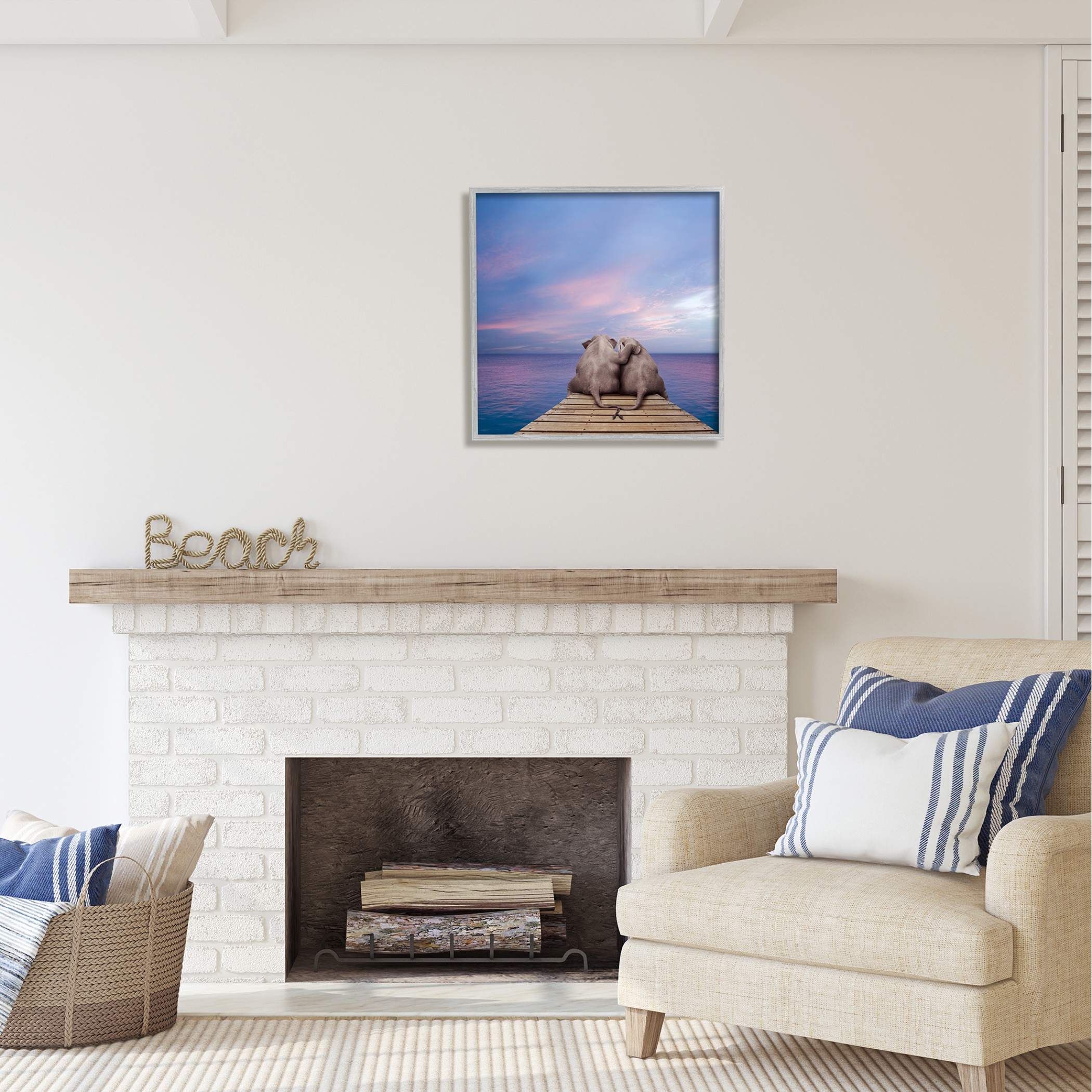 Stupell Industries Elephants Cuddling on Dock Animals & Insects Painting Gray Framed Art Print Wall Art, 24 x 24